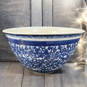 Vintage Hand Made Stoneware Pottery Dish Bowl Hand Glazed Blue Sponge ware Bowl